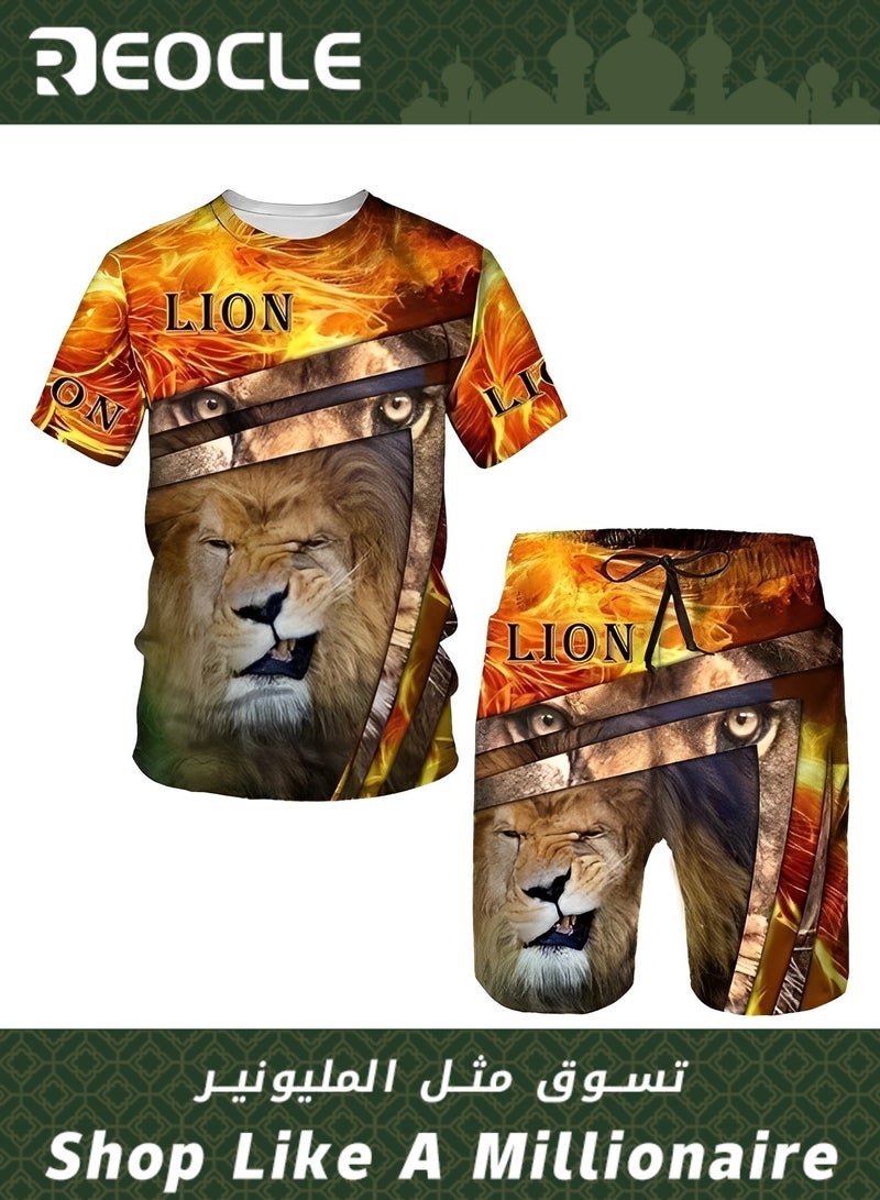 REOCLE Men's 2 Piece Outfits Shorts Tracksuit Real 3D Printed Casual Short Sleeve Crew Neck Suit Vacation Shirt and Shorts Sets - Image 1