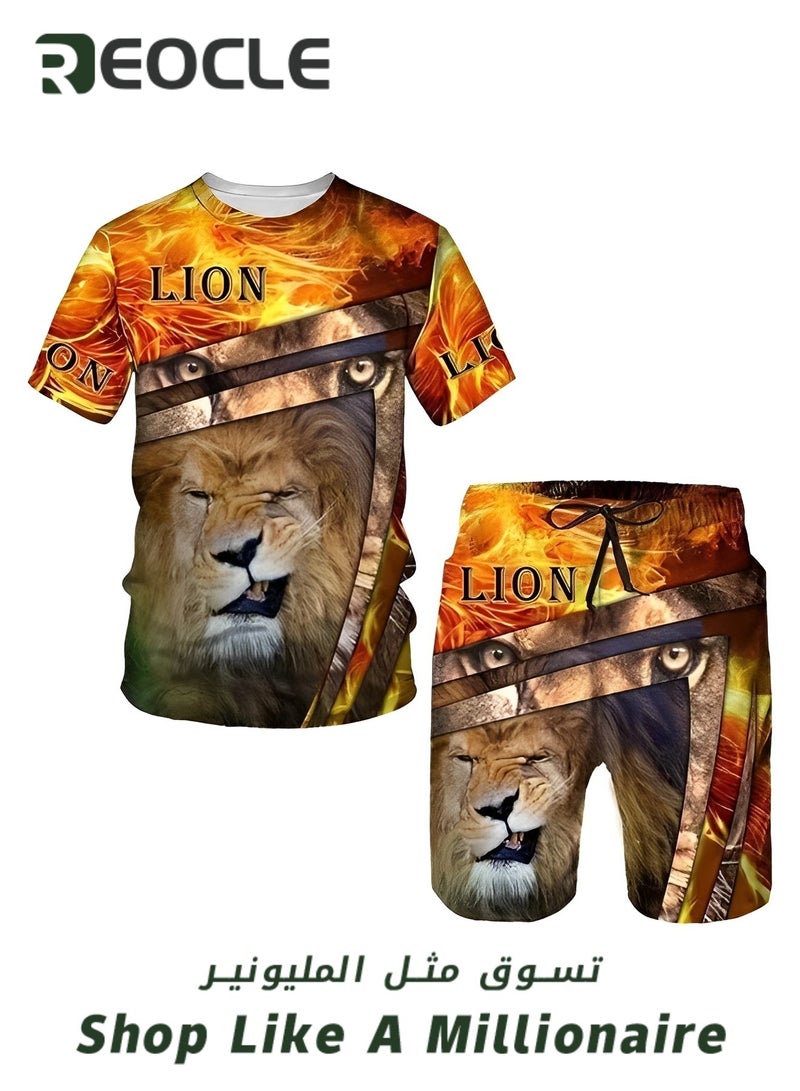 REOCLE Men's 2 Piece Outfits Shorts Tracksuit Real 3D Printed Casual Short Sleeve Crew Neck Suit Vacation Shirt and Shorts Sets - Image 2