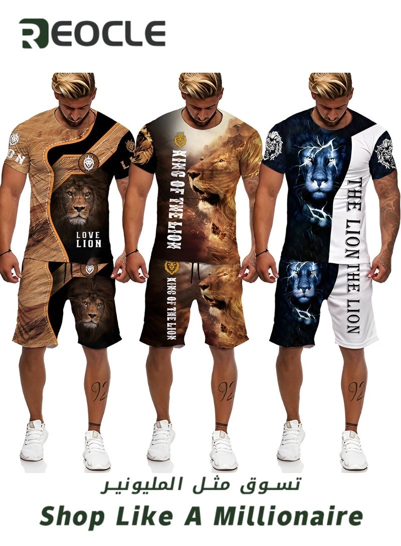 REOCLE Men's 2 Piece Outfits Shorts Tracksuit Real 3D Printed Casual Short Sleeve Crew Neck Suit Vacation Shirt and Shorts Sets - Image 5