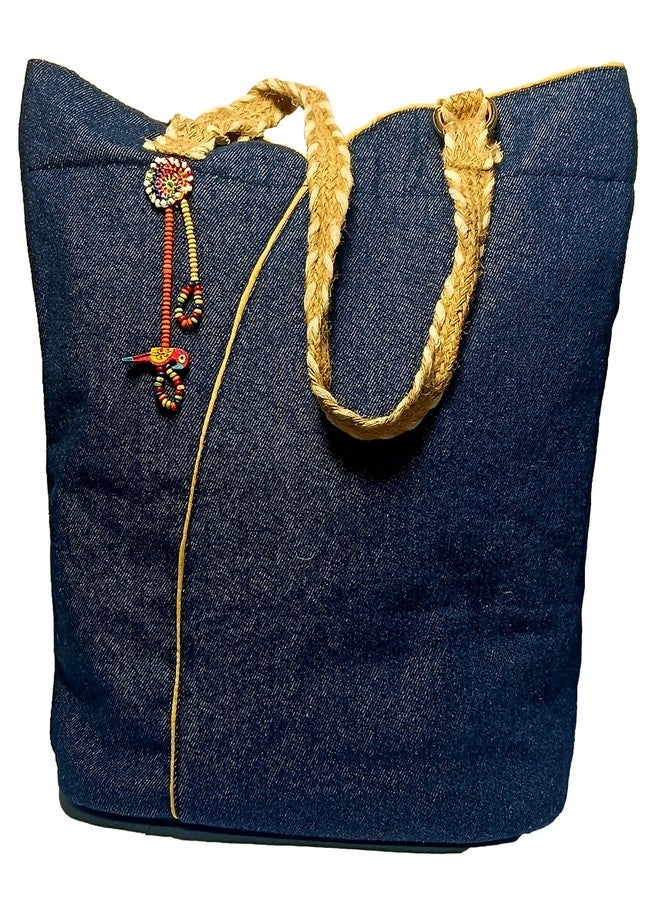 ATHZ Tote Bag for Women- Denim Scoop tote | Navy Blue with Braided Jute Handles & Parrot Charm | Spacious Casual Shoulder Bag for Shopping, Office & Travel - Image 1