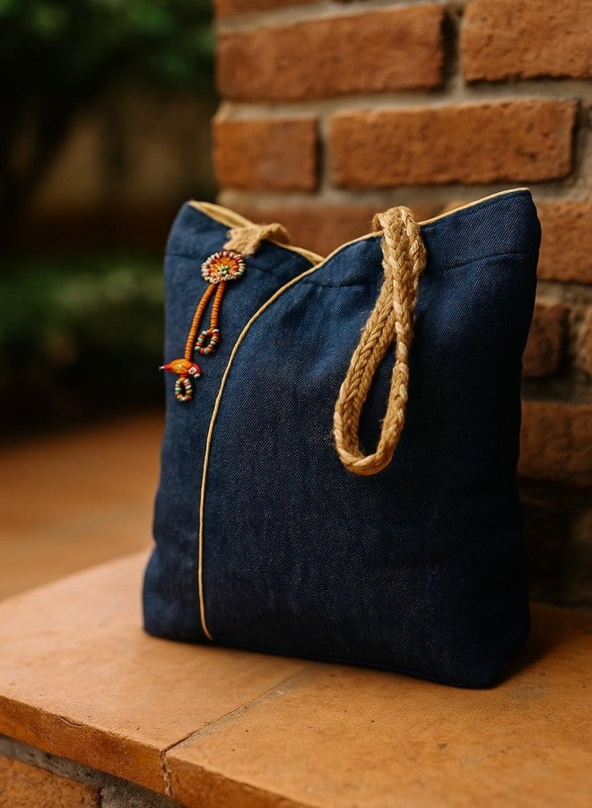 ATHZ Tote Bag for Women- Denim Scoop tote | Navy Blue with Braided Jute Handles & Parrot Charm | Spacious Casual Shoulder Bag for Shopping, Office & Travel - Image 2