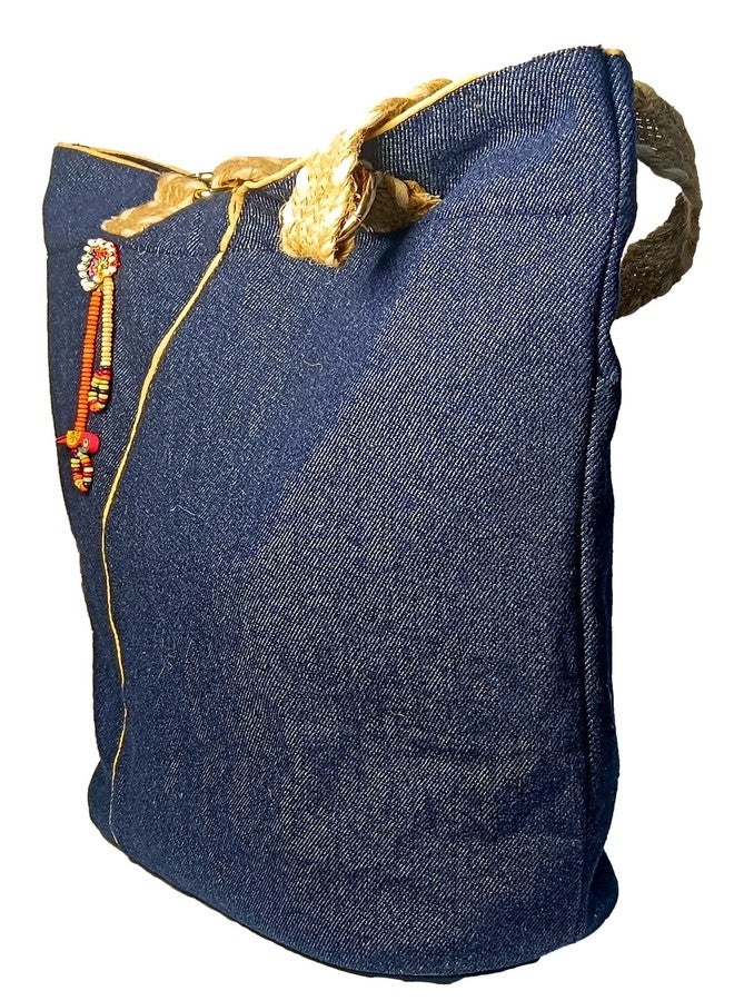 ATHZ Tote Bag for Women- Denim Scoop tote | Navy Blue with Braided Jute Handles & Parrot Charm | Spacious Casual Shoulder Bag for Shopping, Office & Travel - Image 4