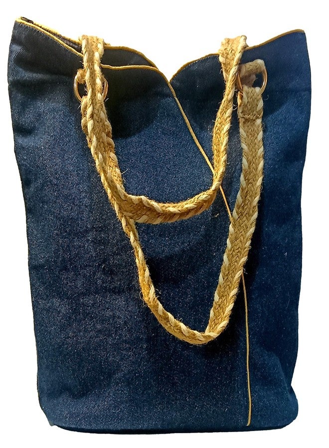 ATHZ Tote Bag for Women- Denim Scoop tote | Navy Blue with Braided Jute Handles & Parrot Charm | Spacious Casual Shoulder Bag for Shopping, Office & Travel - Image 5