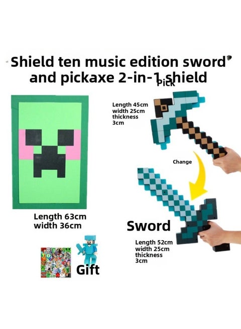 My World Diamond Sword Toy 2-in -1 Transfiguration Minecraft Enchantment Bow Weapon Shield Axe Pick-Color:Shield + Lighting·sound Version·sword And Pickaxe 2-in-1·transformable