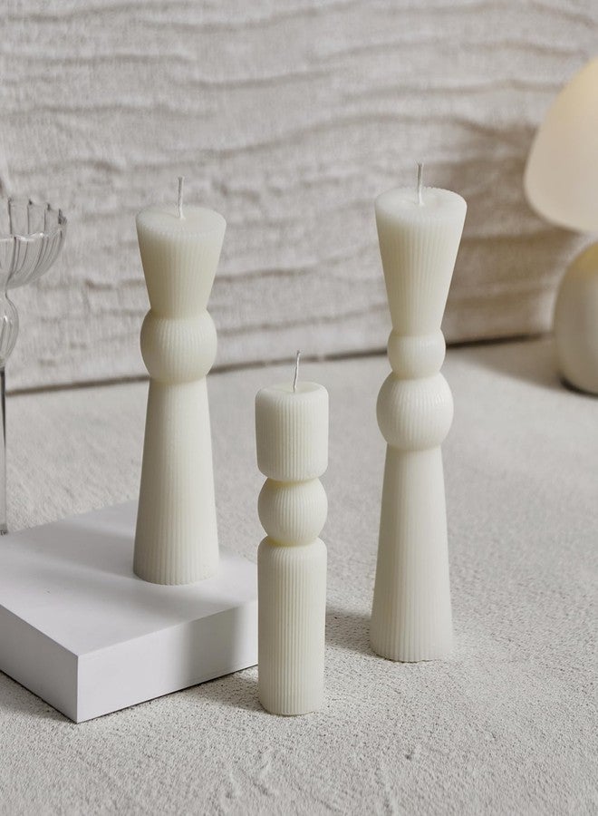 NATCENSE 3Pcs Pillar Candles Set - Handmade Ribbed Design for Modern Home Decor, Housewarming Gift, Room & Shelf Aesthetic Decoration, Long-Lasting Burning (White) - Image 1