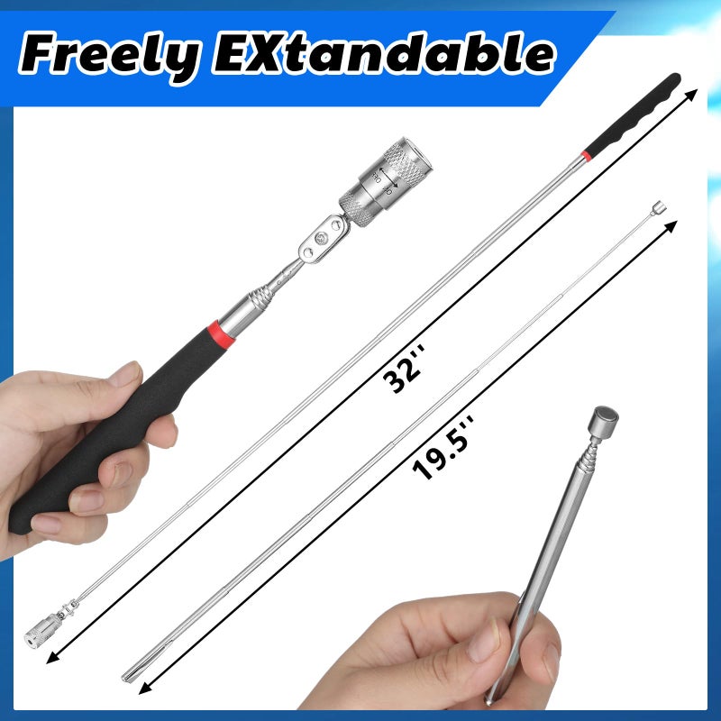 Leriton 3 Pcs 360Â° Swivel Telescoping Magnetic Pickup Tool Set with Extendable Neck up to 32'' 8 lb Magnet Pickup Stick with LED Light Gift for Men Handyman Husband Boyfriend Father Dad - Image 2