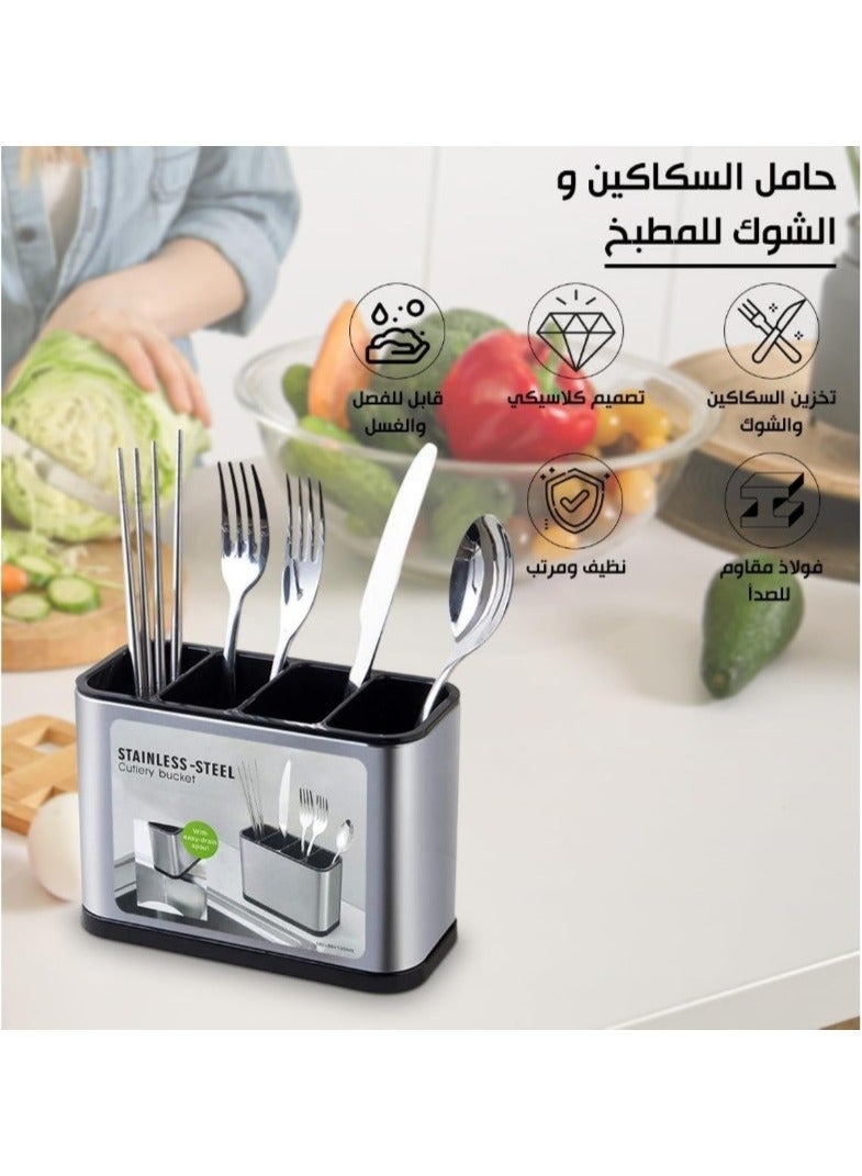 منظم ملاعق وشوك المطبخ ومصفاة من الفولاذ المقاوم للصدأ - حامل أدوات المطبخ ومنظم سطح الطاولة من الفولاذ المقاوم للصدأ 4 أقسام للملاعق والشوك والملعقة المسطحة - سعة كبيرة من الفولاذ المقاوم للصدأ مع فاصل وقاعدة مرجحة لمنع الانقلاب، مناسب لجميع المطابخ على الطاولة أو المنضدة - منظم ملاعق وشوك المطبخ - منظم أدوات المطبخ، مناسب للملاعق والشوك والسكاكين - مصفاة أدوات المائدة وحامل أدوات المائدة وأدوات المطبخ - Image 3