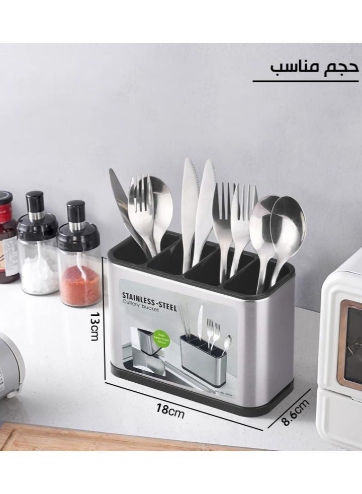 منظم ملاعق وشوك المطبخ ومصفاة من الفولاذ المقاوم للصدأ - حامل أدوات المطبخ ومنظم سطح الطاولة من الفولاذ المقاوم للصدأ 4 أقسام للملاعق والشوك والملعقة المسطحة - سعة كبيرة من الفولاذ المقاوم للصدأ مع فاصل وقاعدة مرجحة لمنع الانقلاب، مناسب لجميع المطابخ على الطاولة أو المنضدة - منظم ملاعق وشوك المطبخ - منظم أدوات المطبخ، مناسب للملاعق والشوك والسكاكين - مصفاة أدوات المائدة وحامل أدوات المائدة وأدوات المطبخ - Image 2
