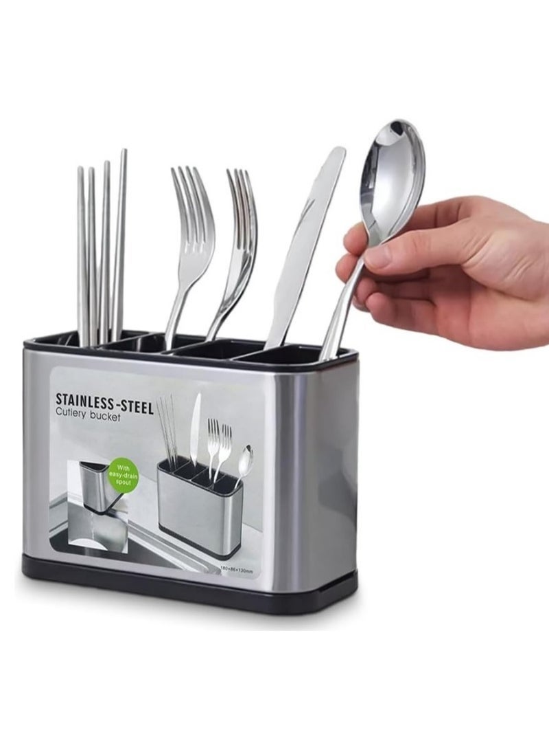منظم ملاعق وشوك المطبخ ومصفاة من الفولاذ المقاوم للصدأ - حامل أدوات المطبخ ومنظم سطح الطاولة من الفولاذ المقاوم للصدأ 4 أقسام للملاعق والشوك والملعقة المسطحة - سعة كبيرة من الفولاذ المقاوم للصدأ مع فاصل وقاعدة مرجحة لمنع الانقلاب، مناسب لجميع المطابخ على الطاولة أو المنضدة - منظم ملاعق وشوك المطبخ - منظم أدوات المطبخ، مناسب للملاعق والشوك والسكاكين - مصفاة أدوات المائدة وحامل أدوات المائدة وأدوات المطبخ - Image 1