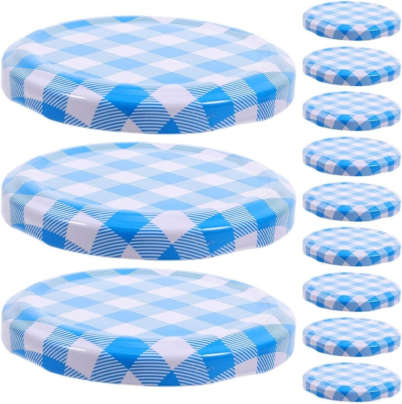 jojofuny 50 Pcs Regular Mouth Jar Caps 63mm Iron Sealed Glass Bottle Lids Airtight Replacement Covers for Canning Jam Jars with Blue Checkered Pattern Suitable for Kitchen Food Storage - Image 1