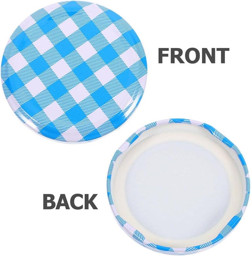 jojofuny 50 Pcs Regular Mouth Jar Caps 63mm Iron Sealed Glass Bottle Lids Airtight Replacement Covers for Canning Jam Jars with Blue Checkered Pattern Suitable for Kitchen Food Storage - Image 3