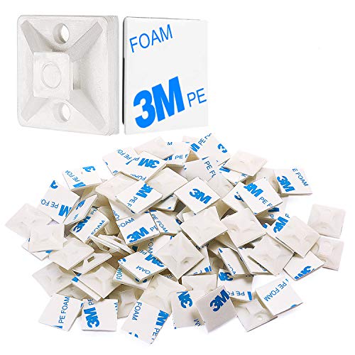 XHF 100 PCS 3/4" White Self Adhesive Cable Zip Tie Mounts Wire Cable Clips Holders Management Anchors Organizer Holders Squares(HS-101S) - Image 1