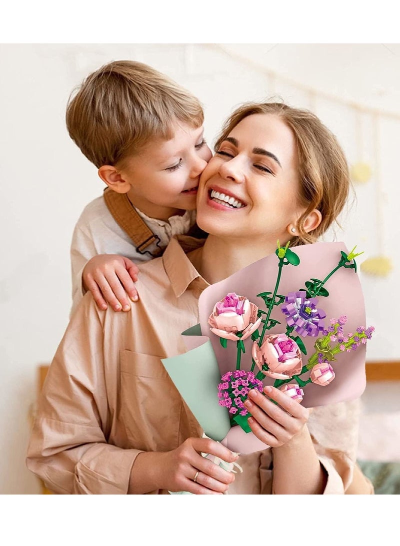 طقم بناء باقة زهور الورد، زهور صناعية فريدة مع ضوء LED وورق تغليف وبطاقة، مجموعة باقة زهور إبداعية DIY - هدايا مثالية للبنات والنساء والأطفال في عيد الميلاد (413 قطعة) - Image 2