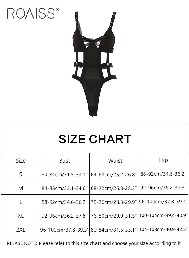 roaiss Hollow Design Bodysuit for Women Adjustible Wide Shoulder Straps Onesie Underwear Tight Waist Home Pajamas Cosplay Costumes Bunny Girl  - Image 3