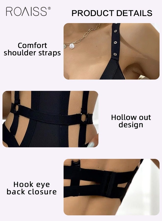 roaiss Hollow Design Bodysuit for Women Adjustible Wide Shoulder Straps Onesie Underwear Tight Waist Home Pajamas Cosplay Costumes Bunny Girl  - Image 2
