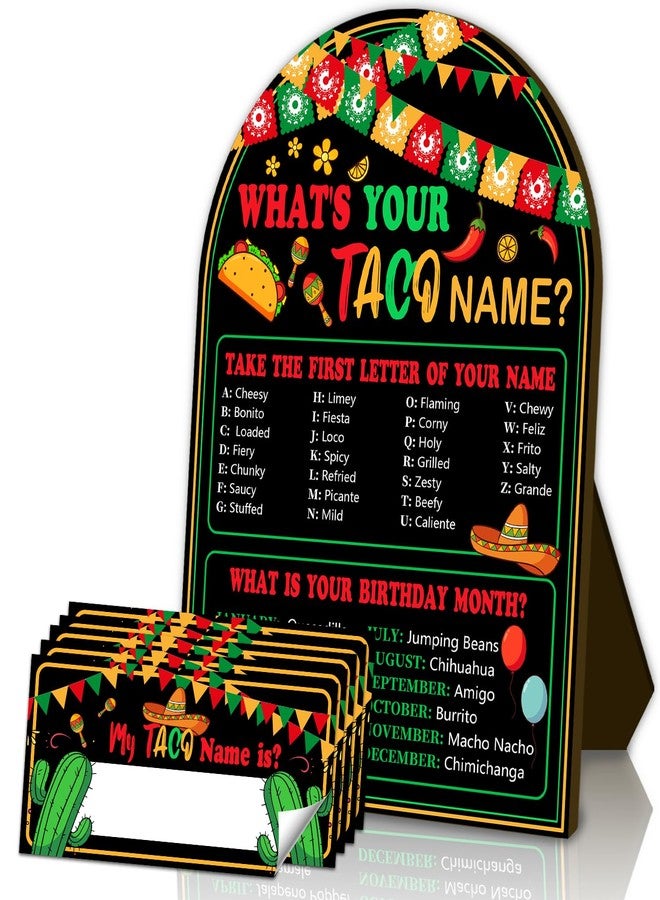 SHLINCO What's Your Taco Name Game Set, Birthday Party Decorations, Black Taco Game for Boys and Girls, Perfect for Home and Classroom Activities, 1 Wooden Name Sign and 30 Name Stickers - Image 1