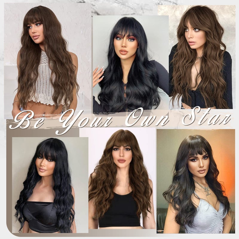 BARSDAR Long Wavy Dark Brown Wig With Bangs - 26 Inch Long Wavy Dark Brown Wig with Bangs for Women - Thick Soft Synthetic Hair Replacement Wigs Natural Looking Daily Cosplay Party Halloween - Image 5