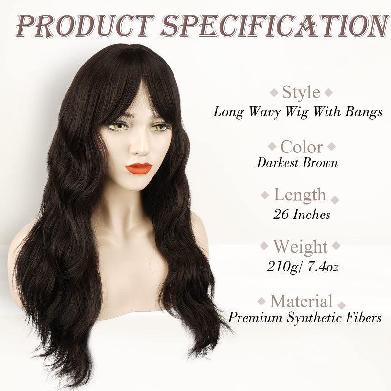 BARSDAR Long Wavy Dark Brown Wig With Bangs - 26 Inch Long Wavy Dark Brown Wig with Bangs for Women - Thick Soft Synthetic Hair Replacement Wigs Natural Looking Daily Cosplay Party Halloween - Image 3