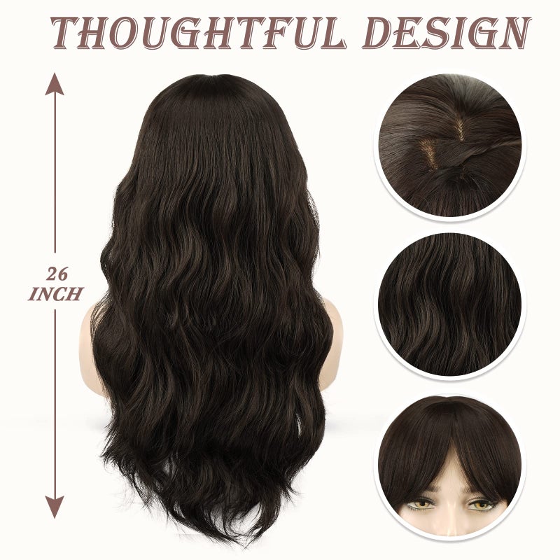 BARSDAR Long Wavy Dark Brown Wig With Bangs - 26 Inch Long Wavy Dark Brown Wig with Bangs for Women - Thick Soft Synthetic Hair Replacement Wigs Natural Looking Daily Cosplay Party Halloween - Image 4