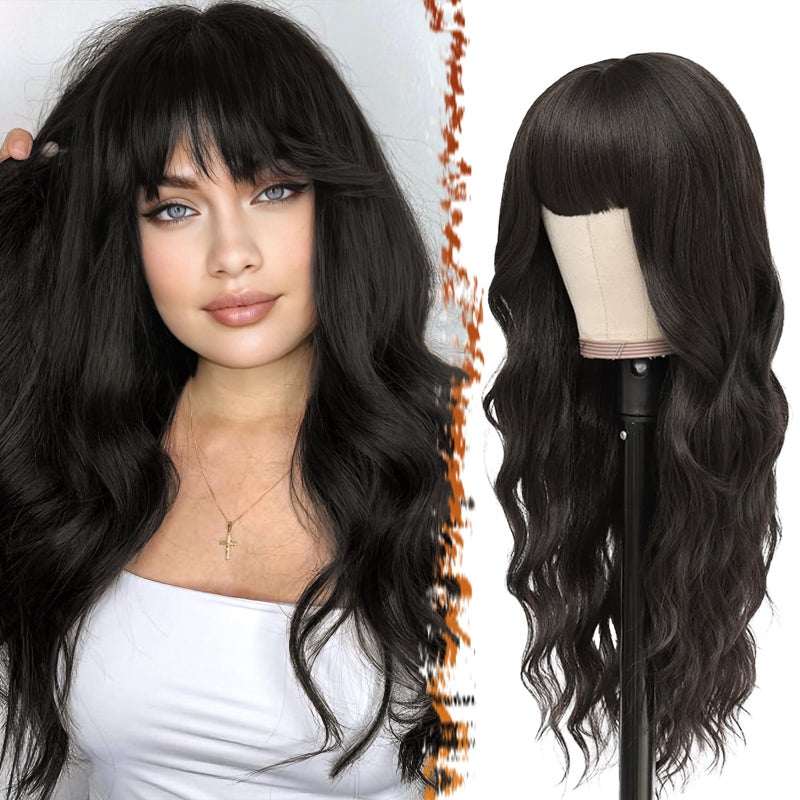 BARSDAR Long Wavy Dark Brown Wig With Bangs - 26 Inch Long Wavy Dark Brown Wig with Bangs for Women - Thick Soft Synthetic Hair Replacement Wigs Natural Looking Daily Cosplay Party Halloween - Image 1