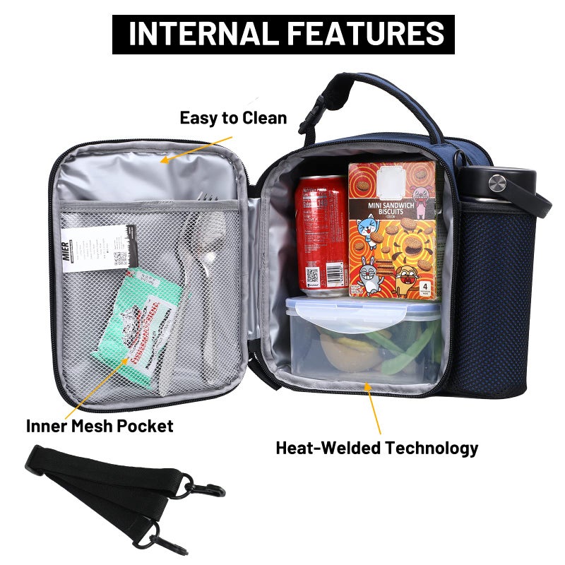 MIER Expandable Lunch Bag Insulated Lunch Box for Men to Work Travel Portable Lunchbox Bags with Shoulder Strap and Water Bottle Holder(Navy/Grey) - Image 2