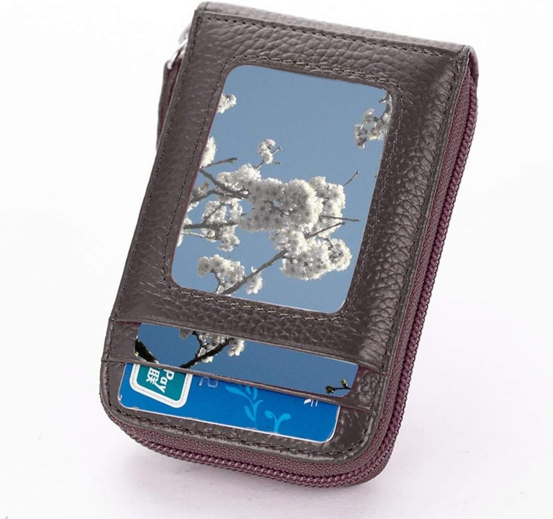 BAKUN Premium Leather Slim Zipper Business/Credit Card Wallet Case Holder with Clear Photo Slot, Security Travel Wallet (Brown) - Image 2