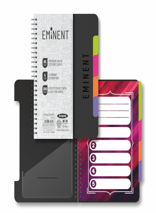 Anupam Eminent 5 Subject Notebook B5, 70 GSM, 150 Sheets (300 Pages), College Ruled Spiral Notebook with One Pocket, Movable Dividers, Front/Back Plastic Covers, Multi Subject Notebook | 17 cm x 25 cm - Image 4