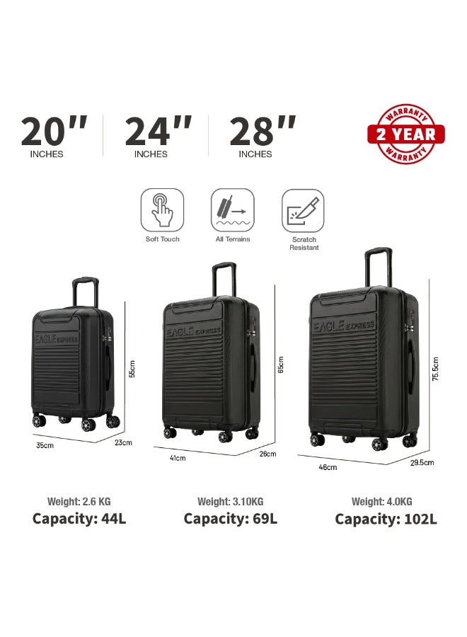 Eagle Express Defender 3 Piece Luggage Set 20/24/28 Inch Black, ABS Hard Shell Trolley Suitcase Set with Scratch Resistant Design, Check-In Travel Luggage with Silent Double Spinner Wheels, Anti-Theft Zipper, Soft Grip Handles and 2 Year Warrant - Image 3