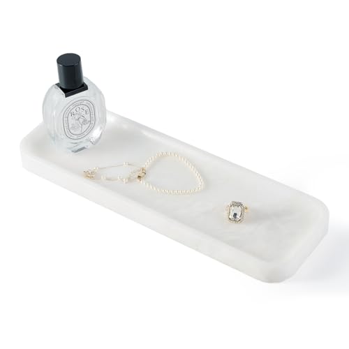 Koville Marble Tray 12x4 Marble Vanity Tray for Bathroom Kitchen Countertop Sink Natural Stone Tray for Home Decor Decorative Rectangular Narrow Catchall Tray for JewelryNamibia Bianco - Image 1