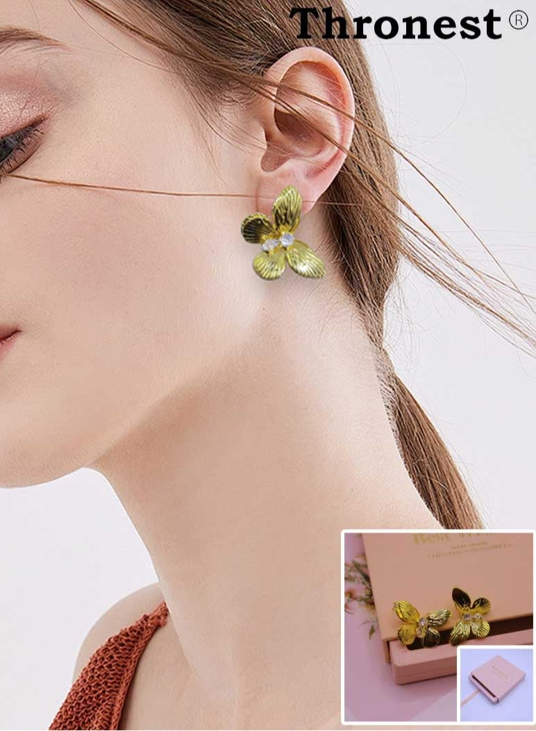 عرش أقراط ذهبية فاخرة للنساء ， أقراط فراشة ذهبية عيار 18 قيراط، مجوهرات خفيفة الوزن لا تسبب الحساسية للارتداء اليومي والحفلات والزفاف، هدية للمرأة - Image 1