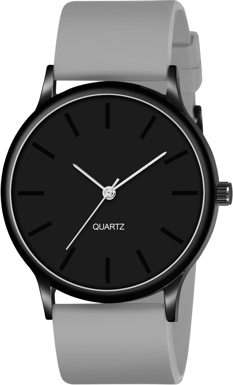 Acnos Black Colour Dial with Softest Silicone Light Grey Colors Strap Analog Wrist Watch for Men Boys - Image 1