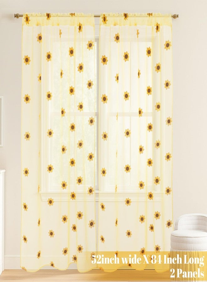 Tegeme 2 Panels Yellow Sunflower Sheer Curtains 84 Inches Long Embroidered Voile Curtains Decorative Coquettish Sheer Shades Faux Linen Semi Window Decor for Home Party Office - Image 2