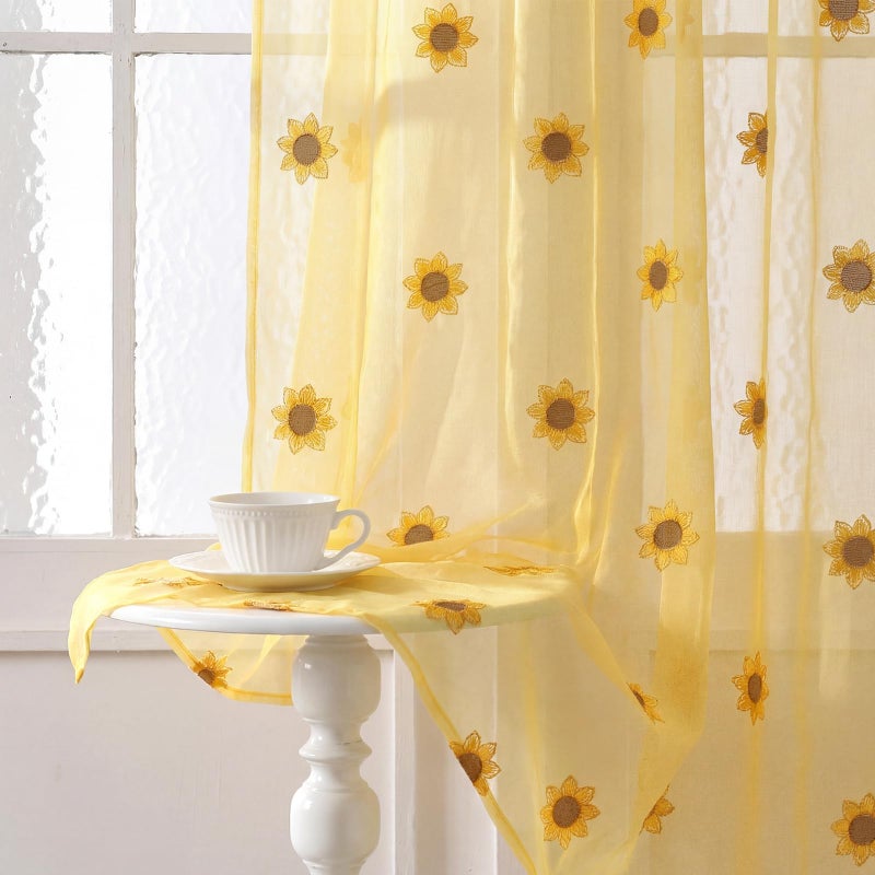 Tegeme 2 Panels Yellow Sunflower Sheer Curtains 84 Inches Long Embroidered Voile Curtains Decorative Coquettish Sheer Shades Faux Linen Semi Window Decor for Home Party Office - Image 1