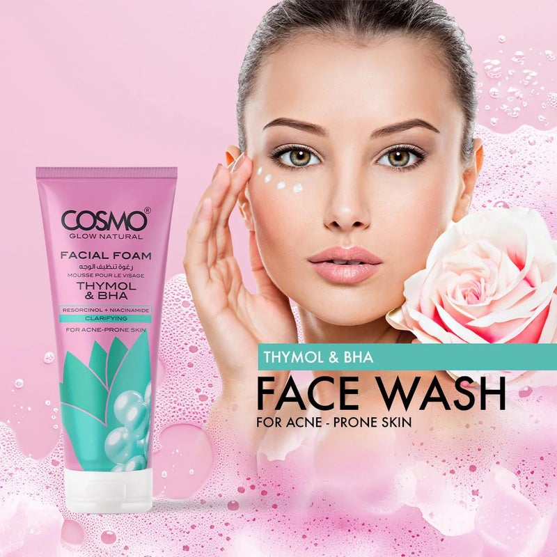 COSMO Glow Natural Thymol & BHA Facial Foam Cleanser – Acne-Fighting, Oil-Control, and Deep Exfoliating Formula for Clear, Balanced, and Refreshed Skin 100g - Image 2