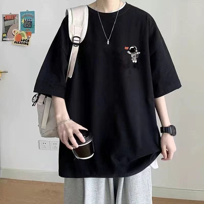 Trendy Autumn Men'S Short-Sleeve T-Shirt, Pure Cotton, Round Neck, Plus Size, Loose Fit, Navy Blue - Image 1