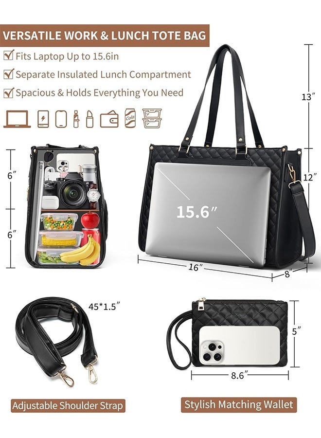 عام حقيبة حمل الغداء للنساء ، حقيبة عمل محمولة 15.6 بوصة مع مقصورة مربع الغداء المعزولة ومحفظة سعة كبيرة مربعة كمبيوتر حقيبة يد لمكتب عمل ممرضة المعلم السفر غير الرسمي - Image 2