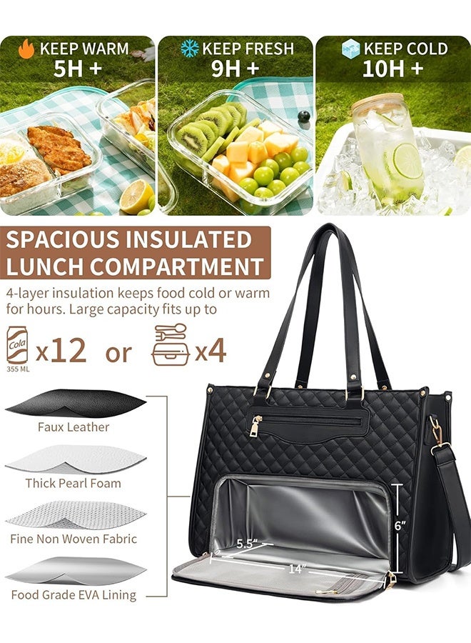 عام حقيبة حمل الغداء للنساء ، حقيبة عمل محمولة 15.6 بوصة مع مقصورة مربع الغداء المعزولة ومحفظة سعة كبيرة مربعة كمبيوتر حقيبة يد لمكتب عمل ممرضة المعلم السفر غير الرسمي - Image 3