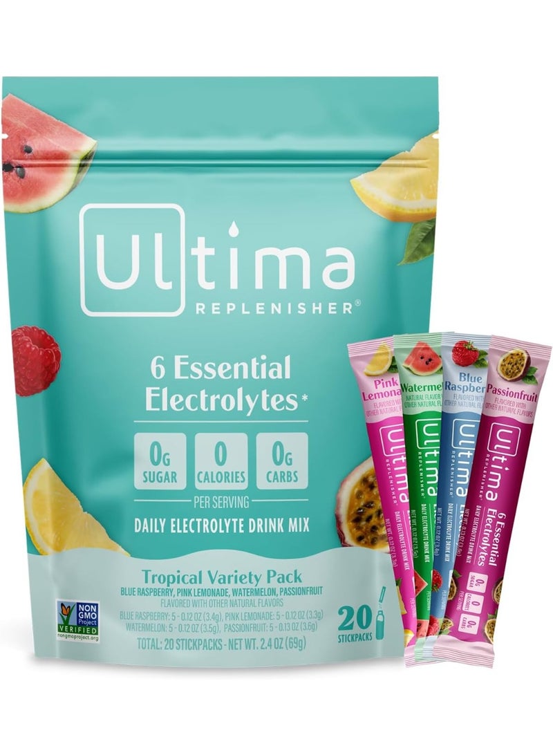 ألتيما ريبلينيشر مشروب مسحوق إلكتروليت يومي من Ultima Replenisher – مجموعة متنوعة من النكهات الاستوائية 20 عبوة - Image 1