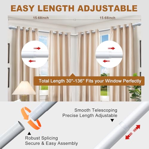 Wefaith Corner Window Curtain Rod, 1" Heavy Duty L-Shaped Curtain Rods, 36-136" Adjustable with 180° Connector, DIY Angled Curtains Rod for Bay Window, Corner Windows and Curved - White - Image 3