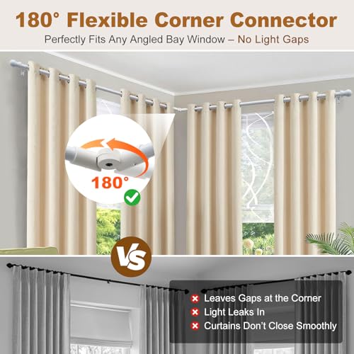Wefaith Corner Window Curtain Rod, 1" Heavy Duty L-Shaped Curtain Rods, 36-136" Adjustable with 180° Connector, DIY Angled Curtains Rod for Bay Window, Corner Windows and Curved - White - Image 2