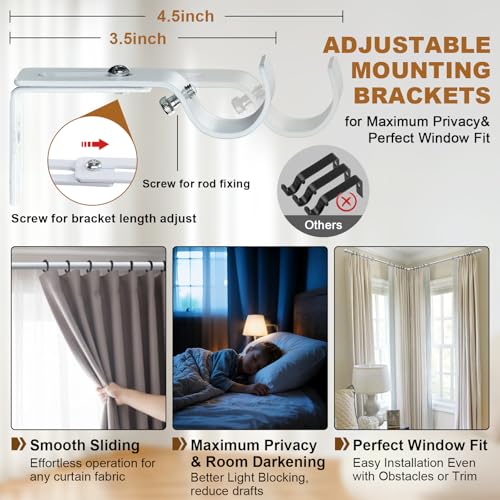 Wefaith Corner Window Curtain Rod, 1" Heavy Duty L-Shaped Curtain Rods, 36-136" Adjustable with 180° Connector, DIY Angled Curtains Rod for Bay Window, Corner Windows and Curved - White - Image 5