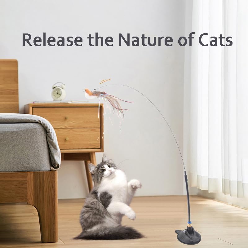 NeoStyle Cat Feather Toys,Cat Wand Toy with Powerful Suction Cup,Interactive Cat Toy Detachable Feather Replacements with Bell for Indoor Cats (Grey bird, Cat Teaser Toy with Suction Cup) - Image 4