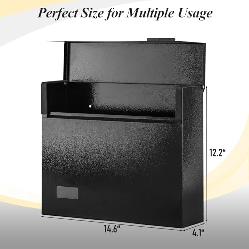 xydled Mailbox Wall Mount Mailboxes for Outside, Large Capacity Steel Hanging Metal Mailbox, Modern Post Box, Black,14.6''x12.2''x4.1'' - Image 2