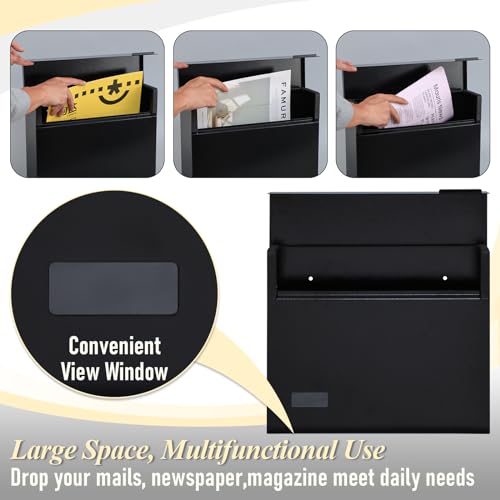 xydled Mailbox Wall Mount Mailboxes for Outside, Large Capacity Steel Hanging Metal Mailbox, Modern Post Box, Black,14.6''x12.2''x4.1'' - Image 3