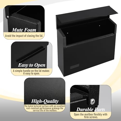 xydled Mailbox Wall Mount Mailboxes for Outside, Large Capacity Steel Hanging Metal Mailbox, Modern Post Box, Black,14.6''x12.2''x4.1'' - Image 4
