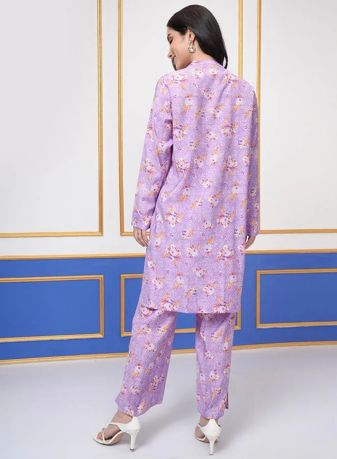 Vishudh Floral Printed Band Collar Long Sleeves Tunic and Palazzo Pants Co-Ords by Styli
