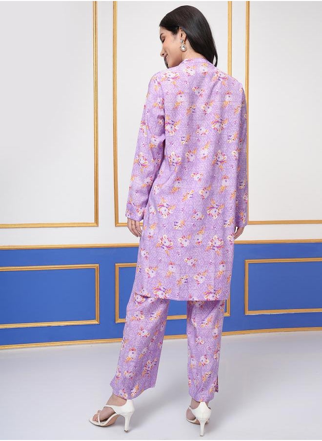 Vishudh - Floral Printed Band Collar Long Sleeves Tunic and Palazzo Pants Co-Ords by Styli - Image 1