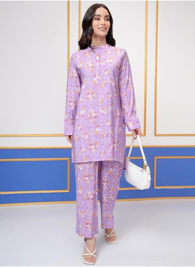 Vishudh - Floral Printed Band Collar Long Sleeves Tunic and Palazzo Pants Co-Ords by Styli - Image 1