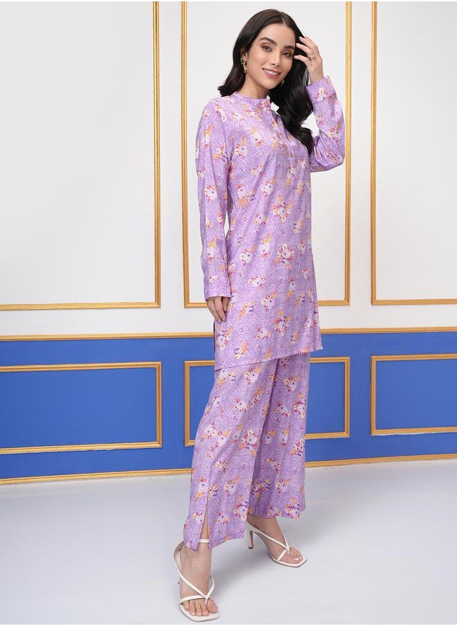 Vishudh - Floral Printed Band Collar Long Sleeves Tunic and Palazzo Pants Co-Ords by Styli - Image 1