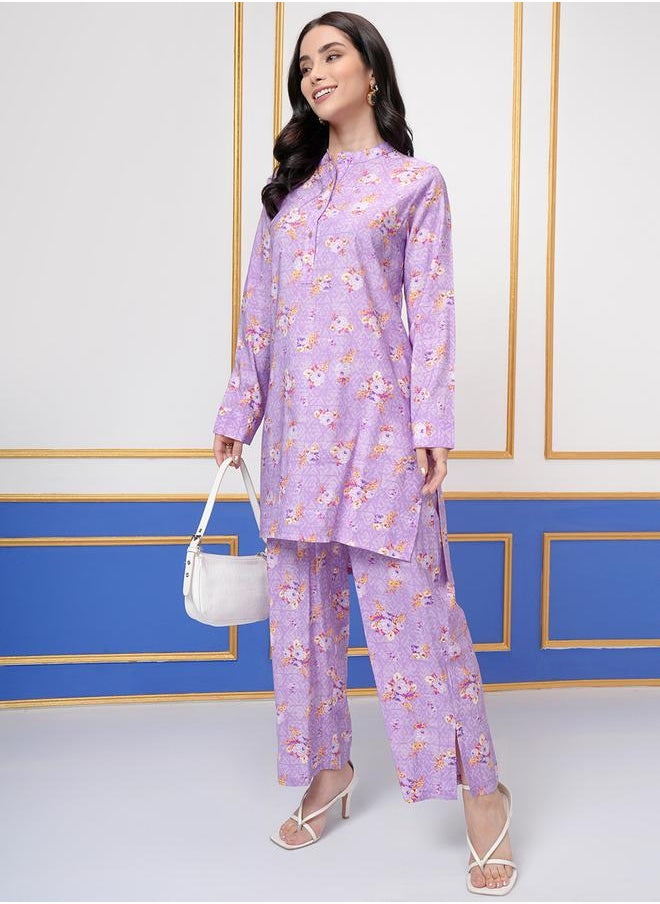 Vishudh - Floral Printed Band Collar Long Sleeves Tunic and Palazzo Pants Co-Ords by Styli - Image 1